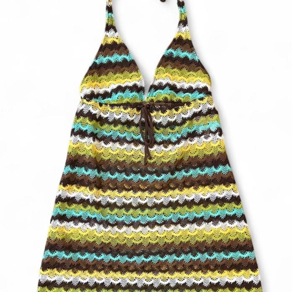 Playa by La Blanca Brown, teal, and lime green zigzag striped halter dress